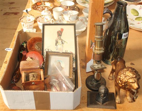 Microscope, gilt lion, 2 clocks etc,